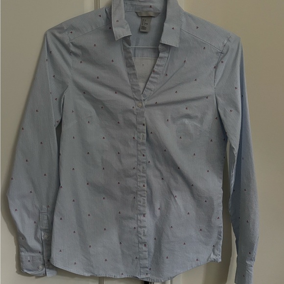 H&M women’s button up shirt, classic blue stripe with small cherry details. - Picture 1 of 4
